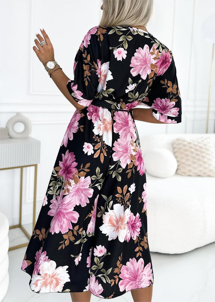 Women's Casual Floral Print V Neck Belted Dress